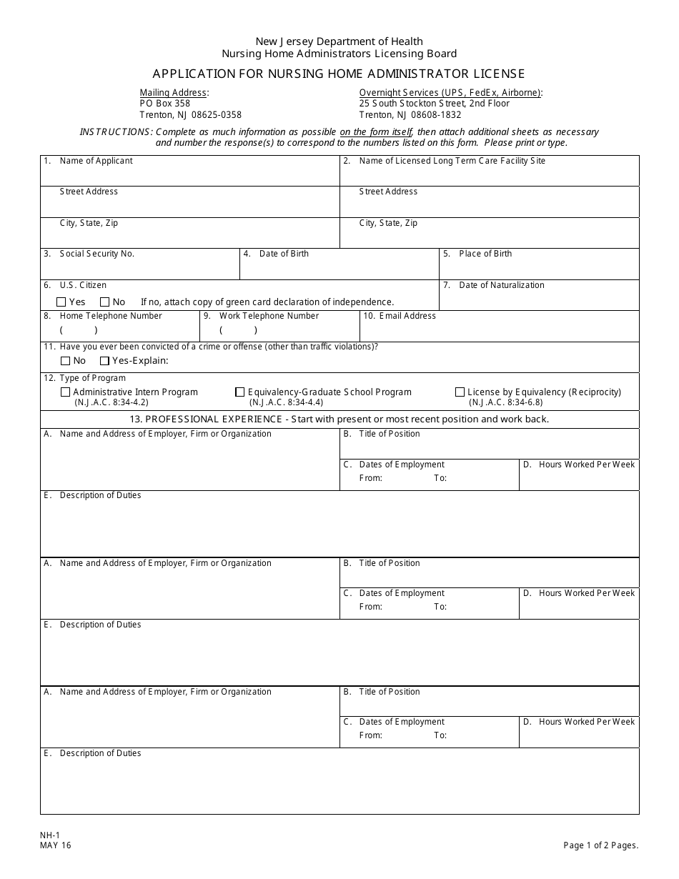 Form NH-1 Application for Nursing Home Administrator License - New Jersey, Page 1