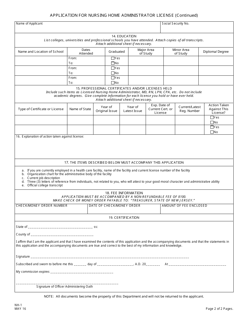 Form NH-1 Application for Nursing Home Administrator License - New Jersey, Page 2