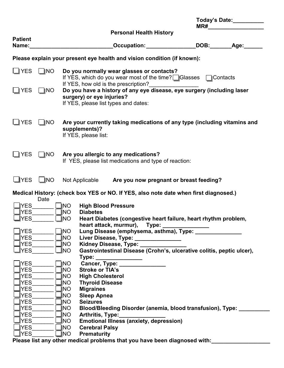 Personal Health History Form, Page 1