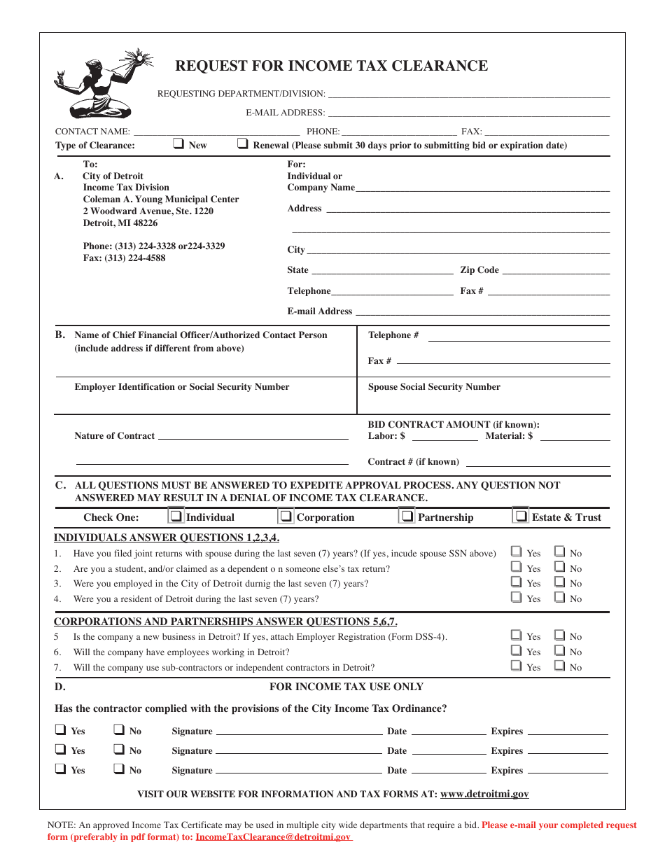 Request for Income Tax Clearance - Detroit, Michigan, Page 1