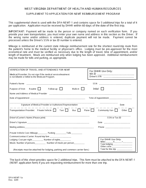 Form DFA-NEMT-1a Supplement to Application for Nemt Reimbursement Program - West Virginia