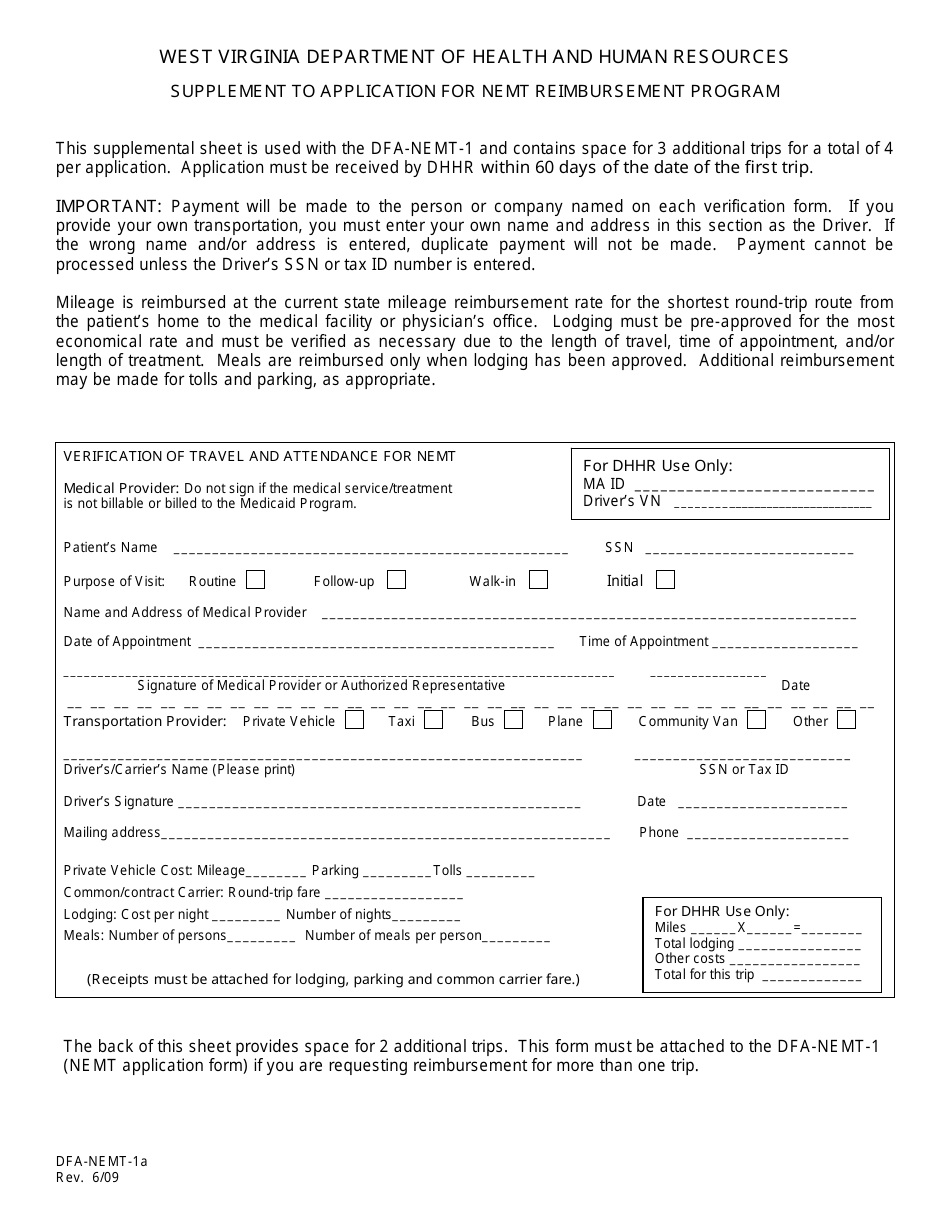 Form DFA-NEMT-1a Supplement to Application for Nemt Reimbursement Program - West Virginia, Page 1