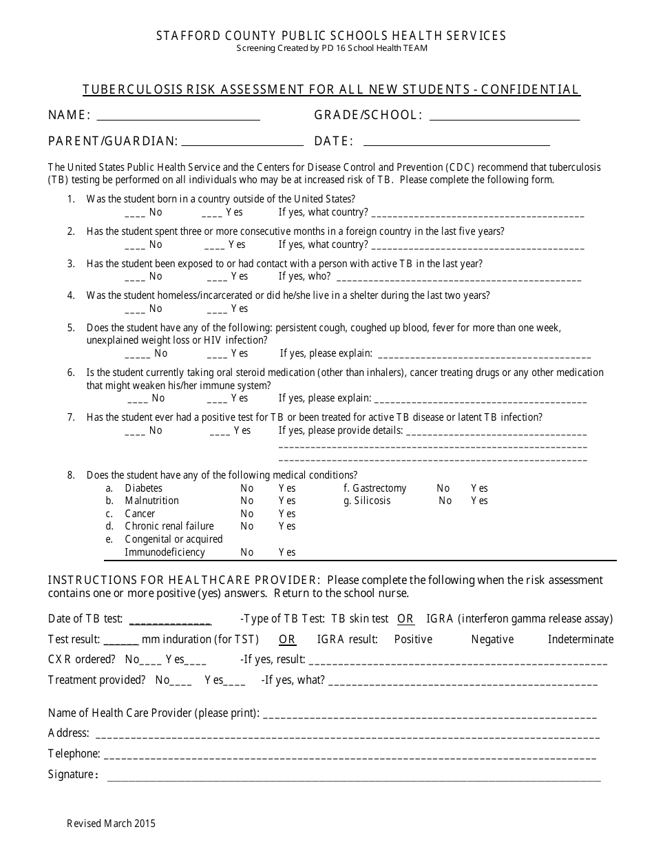 Tuberculosis Risk Assessment Form - Stafford County Public Schools Health Services, Page 1