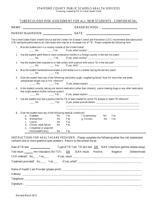Tuberculosis Risk Assessment Form - Stafford County Public Schools Health Services Download Pdf