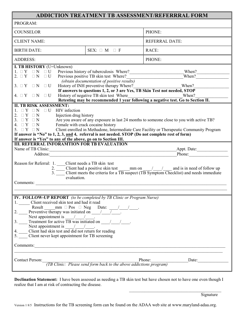 Addiction Treatment Tb Assessment / Referral Form - Maryland, Page 1