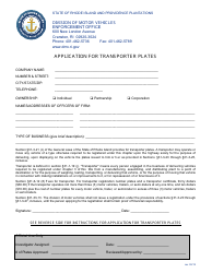 Document preview: Application for Transporter Plates - Rhode Island