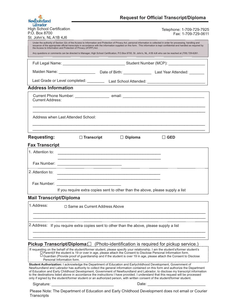 Request for Official Transcript / Diploma - Newfoundland and Labrador, Canada, Page 1