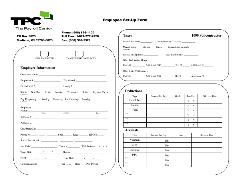 Employee Set-Up Form - the Pavroll Center Download Pdf