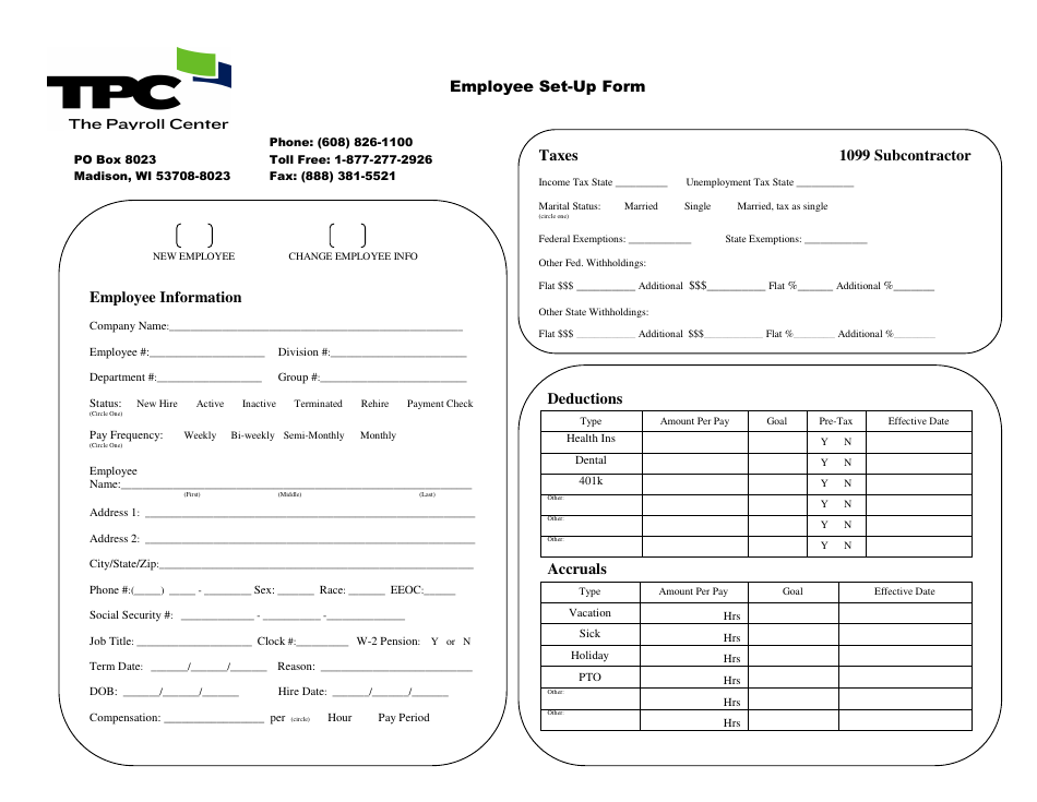 Employee Set-Up Form - the Pavroll Center, Page 1