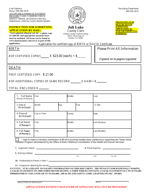 Application for Certified Copy of Birth or Death Certificate - Denton County, Texas Download Pdf