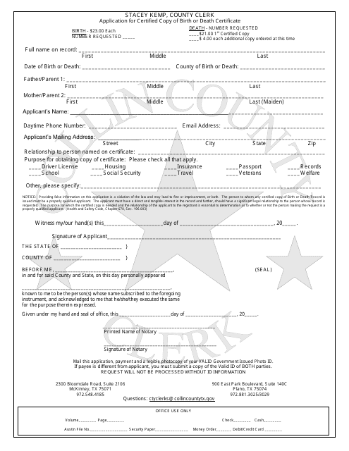 Collin County Texas Application for Certified Copy of Birth or Death