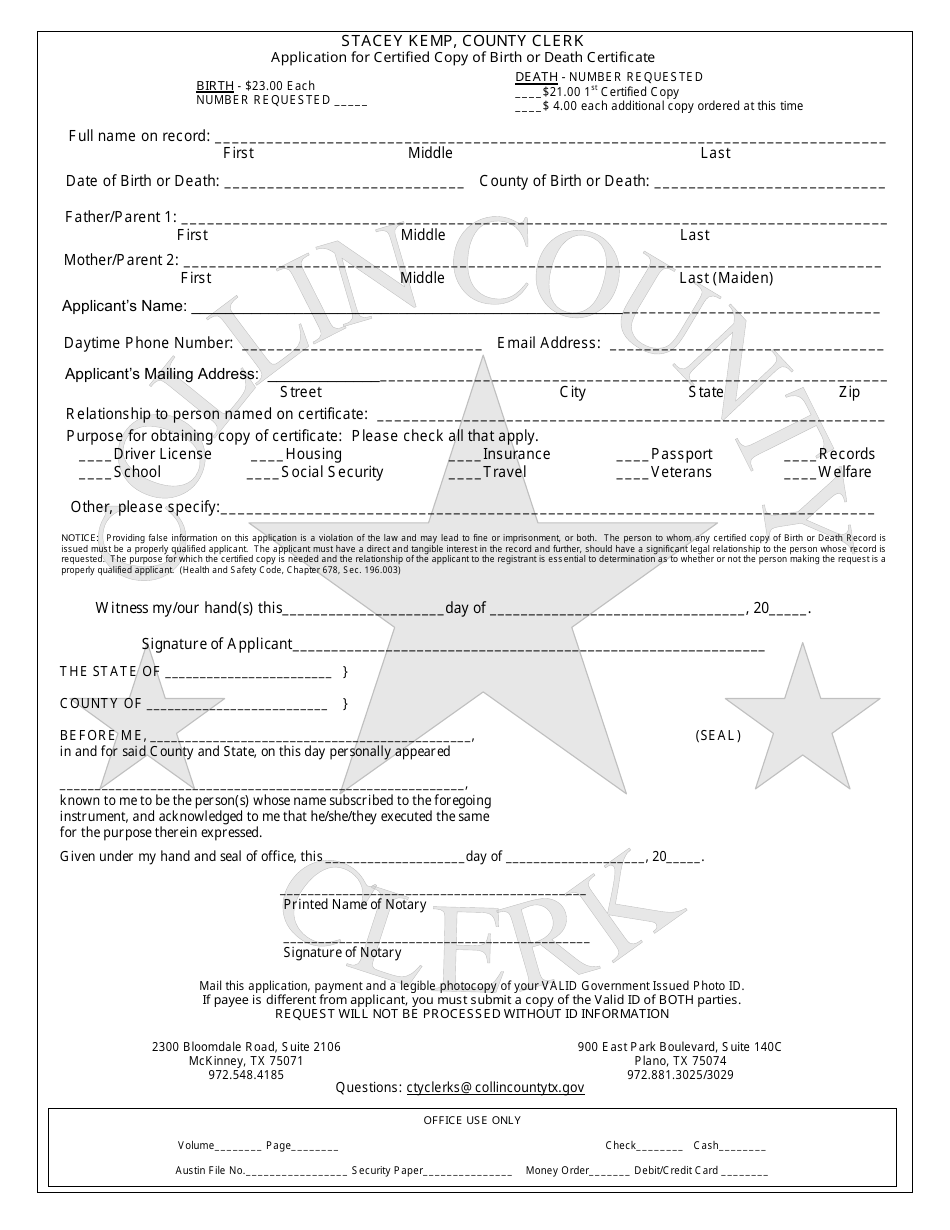 Application for Certified Copy of Birth or Death Certificate - Collin County, Texas, Page 1