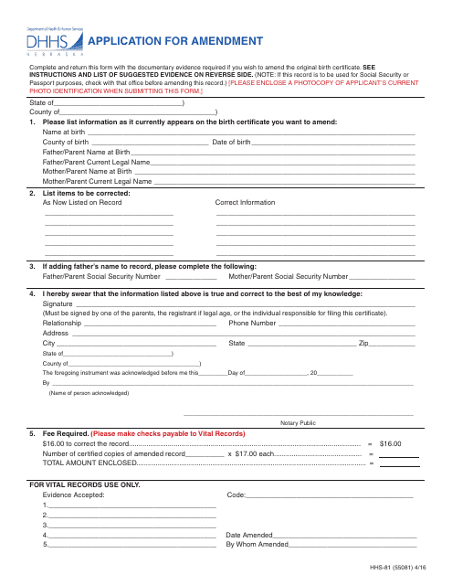Form HHS-81 Application for Amendment - Nebraska