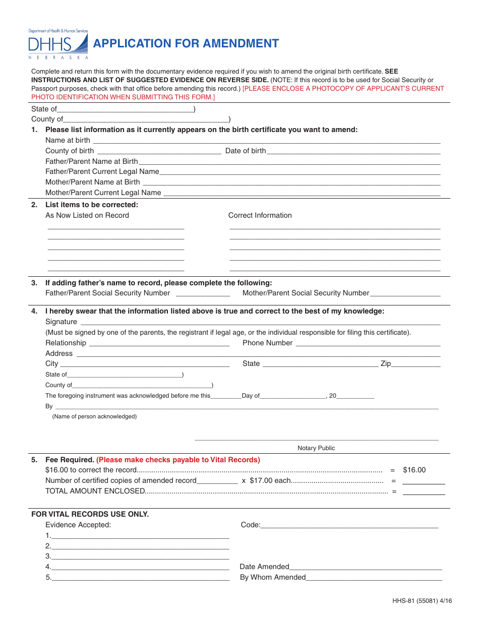 Form HHS-81 Application for Amendment - Nebraska, Page 1