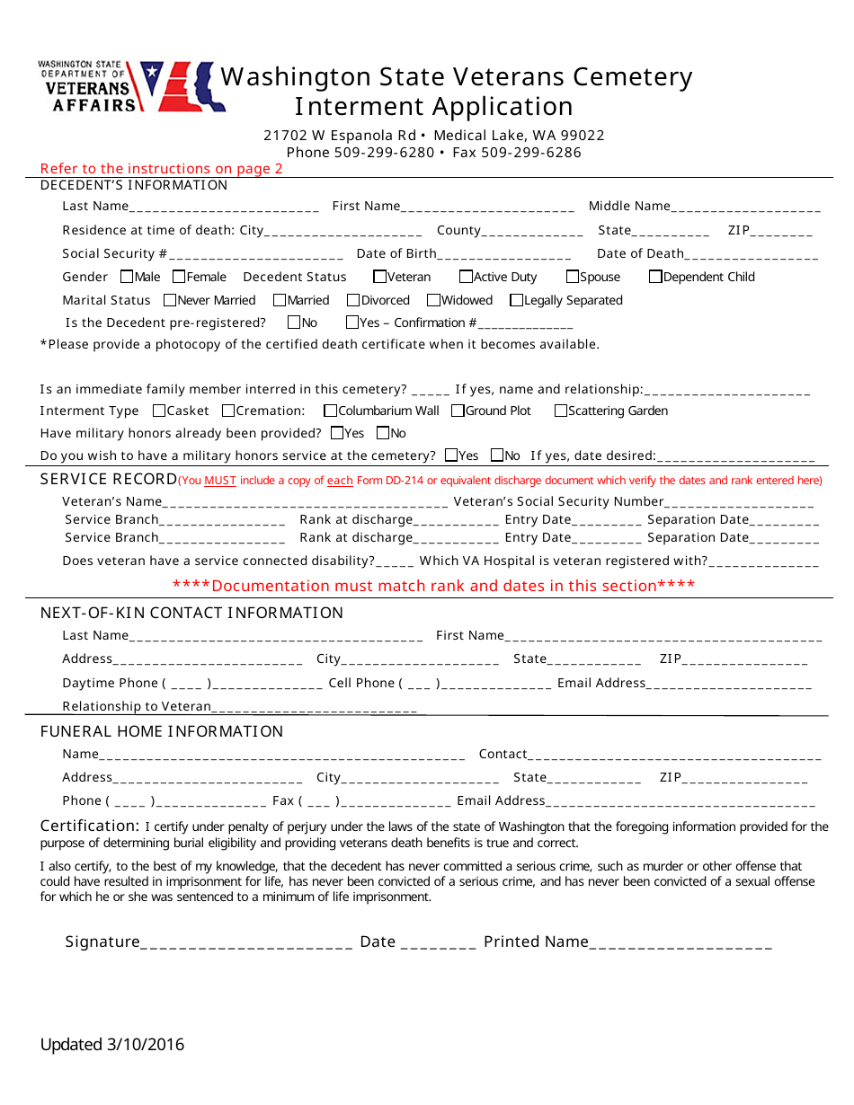 Veterans Cemetery Interment Application Form - Washington, Page 1