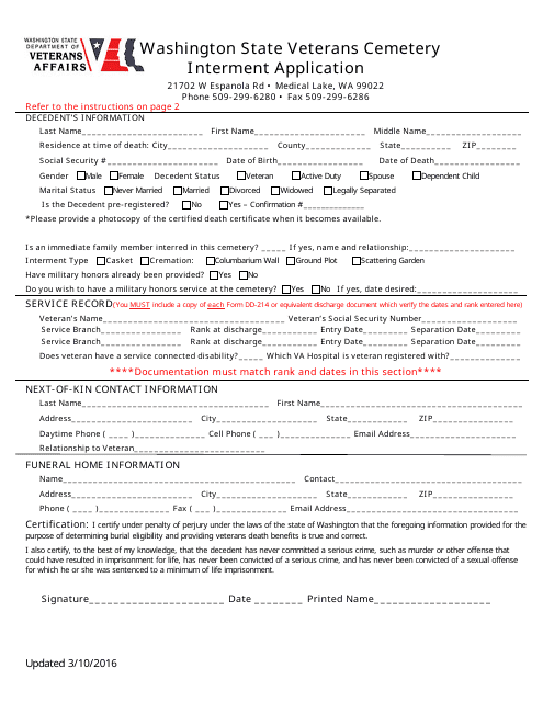 Veterans Cemetery Interment Application Form - Washington Download Pdf