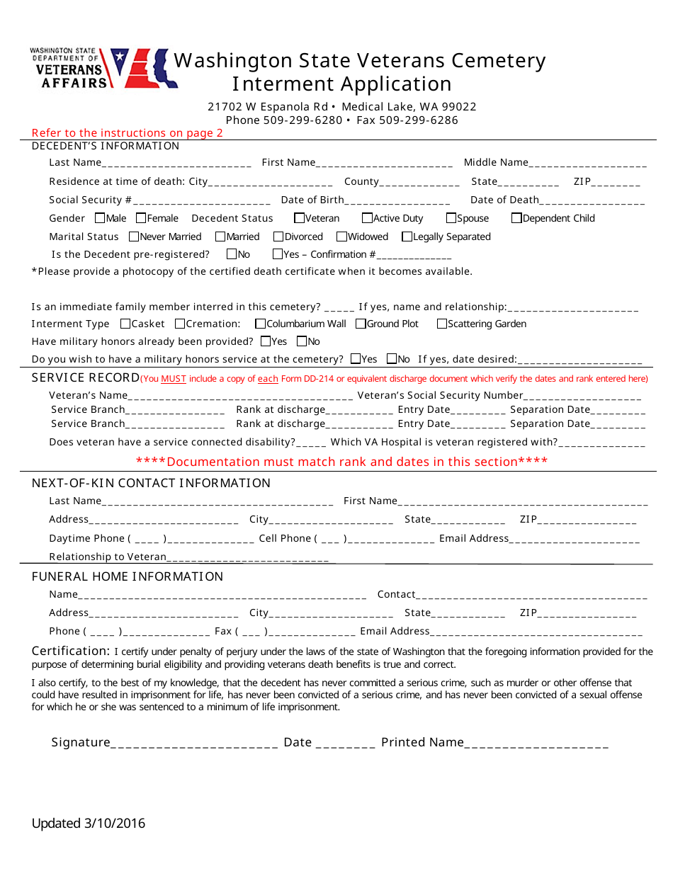 Washington Veterans Cemetery Interment Application Form Fill Out, Sign Online and Download PDF