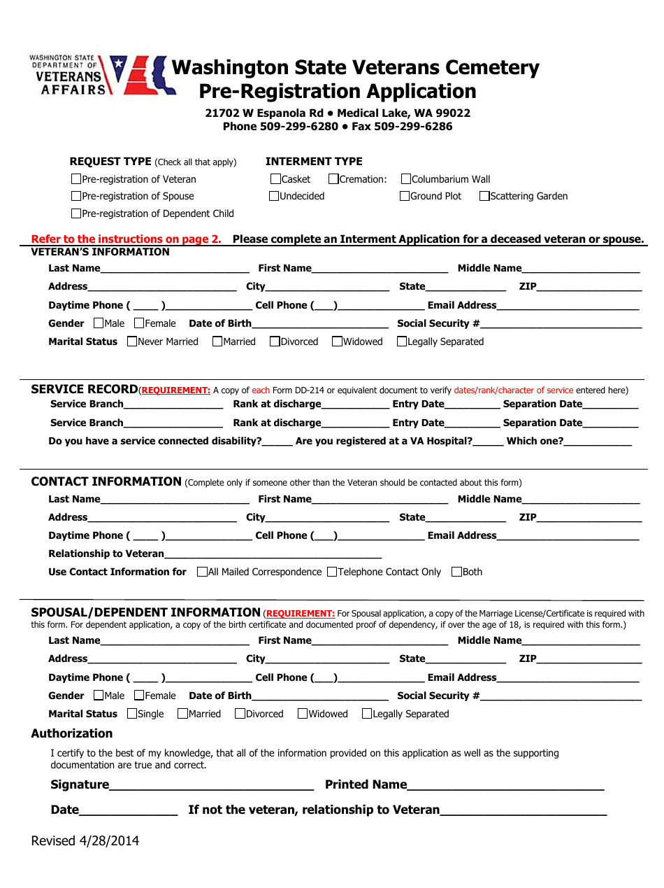 Veterans Cemetery Pre-registration Application Form - Washington, Page 1