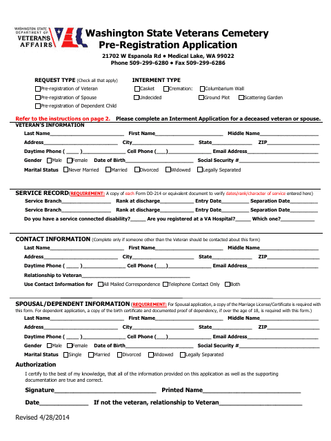 Veterans Cemetery Pre-registration Application Form - Washington Download Pdf