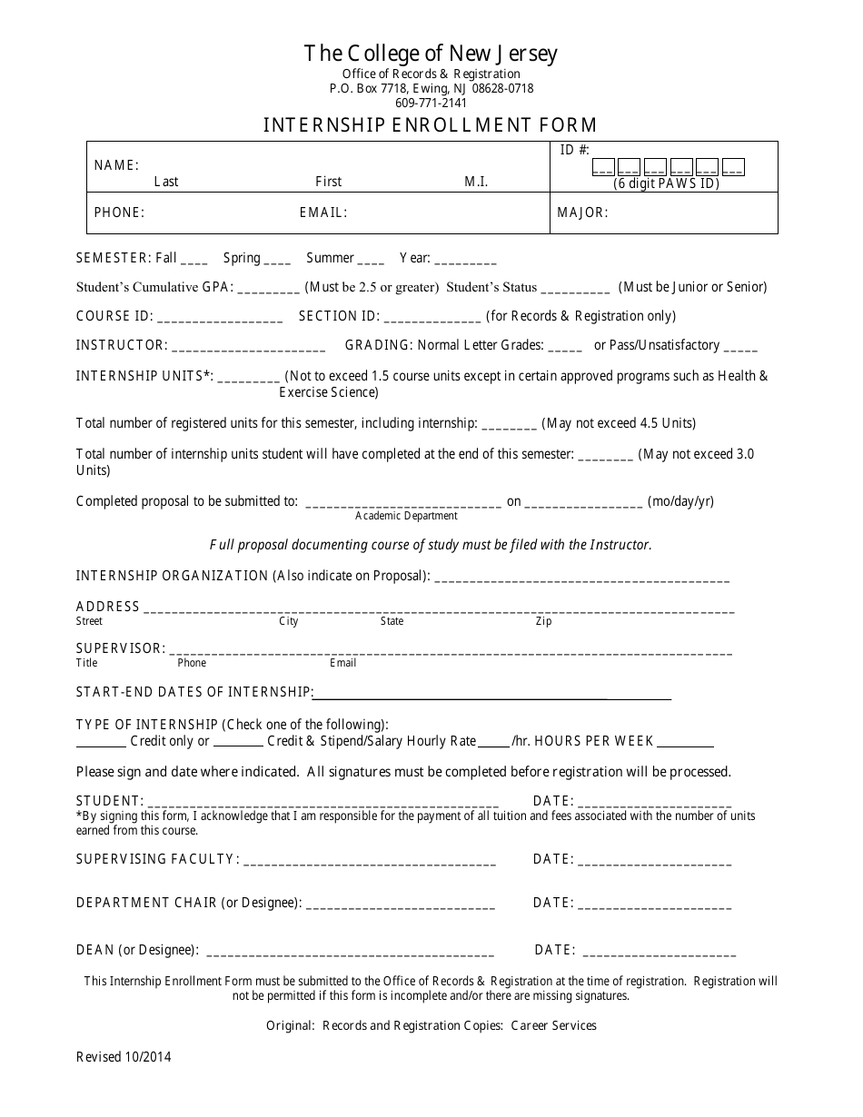 Internship Enrollment Form - the College of New Jersey, Page 1