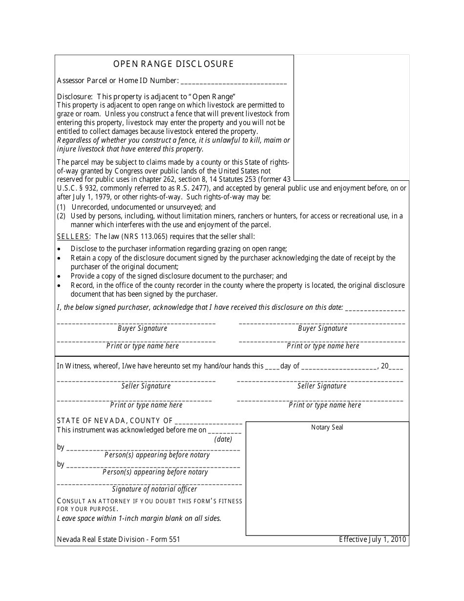 Form 551 Open Range Disclosure - Nevada, Page 1