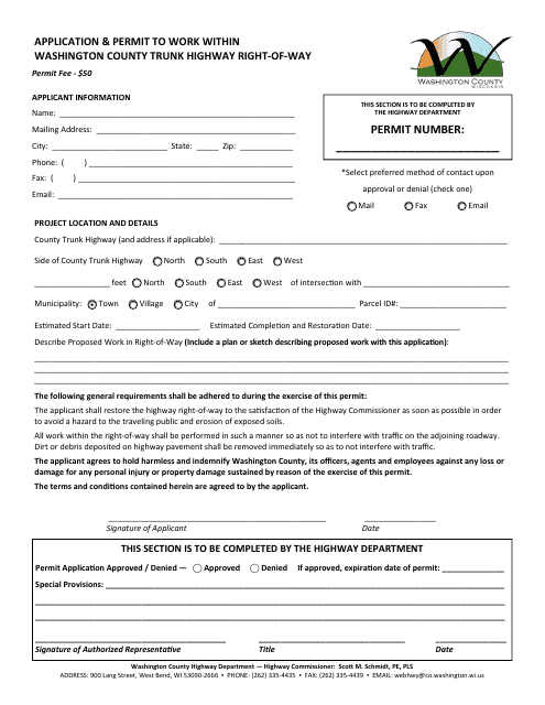 Application & Permit Form to Work Within Washington County Trunk Highway Right-of-way - Washington County, Wisconsin Download Pdf