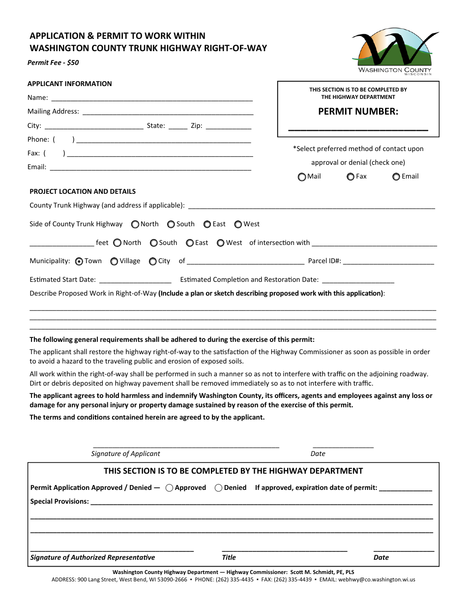 Application  Permit Form to Work Within Washington County Trunk Highway Right-of-way - Washington County, Wisconsin, Page 1