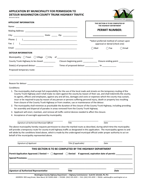 Application by Municipality for Permission to Detour Washington County Trunk Highway Traffic - Washington County, Wisconsin Download Pdf