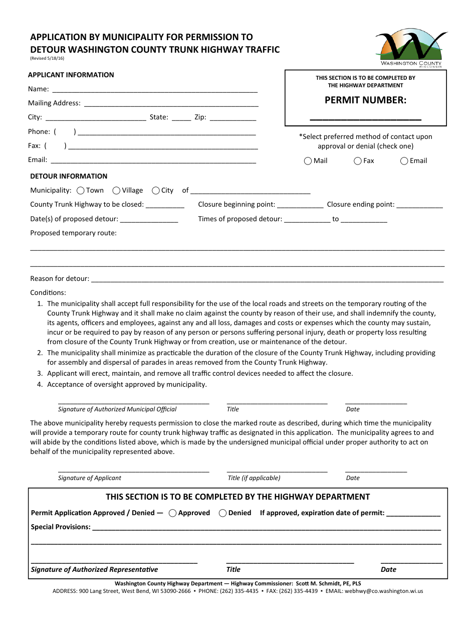 Application by Municipality for Permission to Detour Washington County Trunk Highway Traffic - Washington County, Wisconsin, Page 1