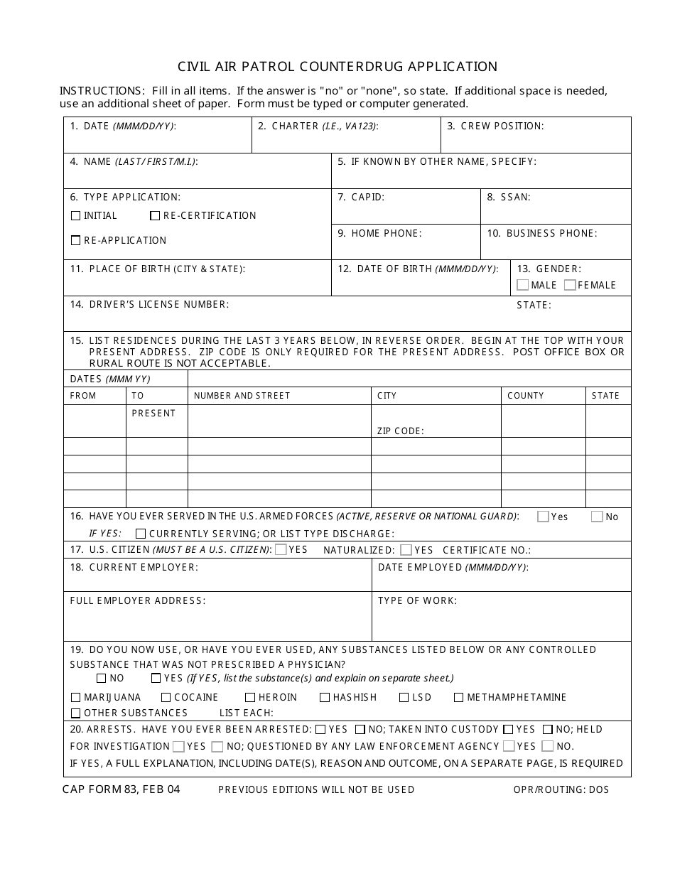 CAP Form 83 Civil Air Patrol Counterdrug Application, Page 1