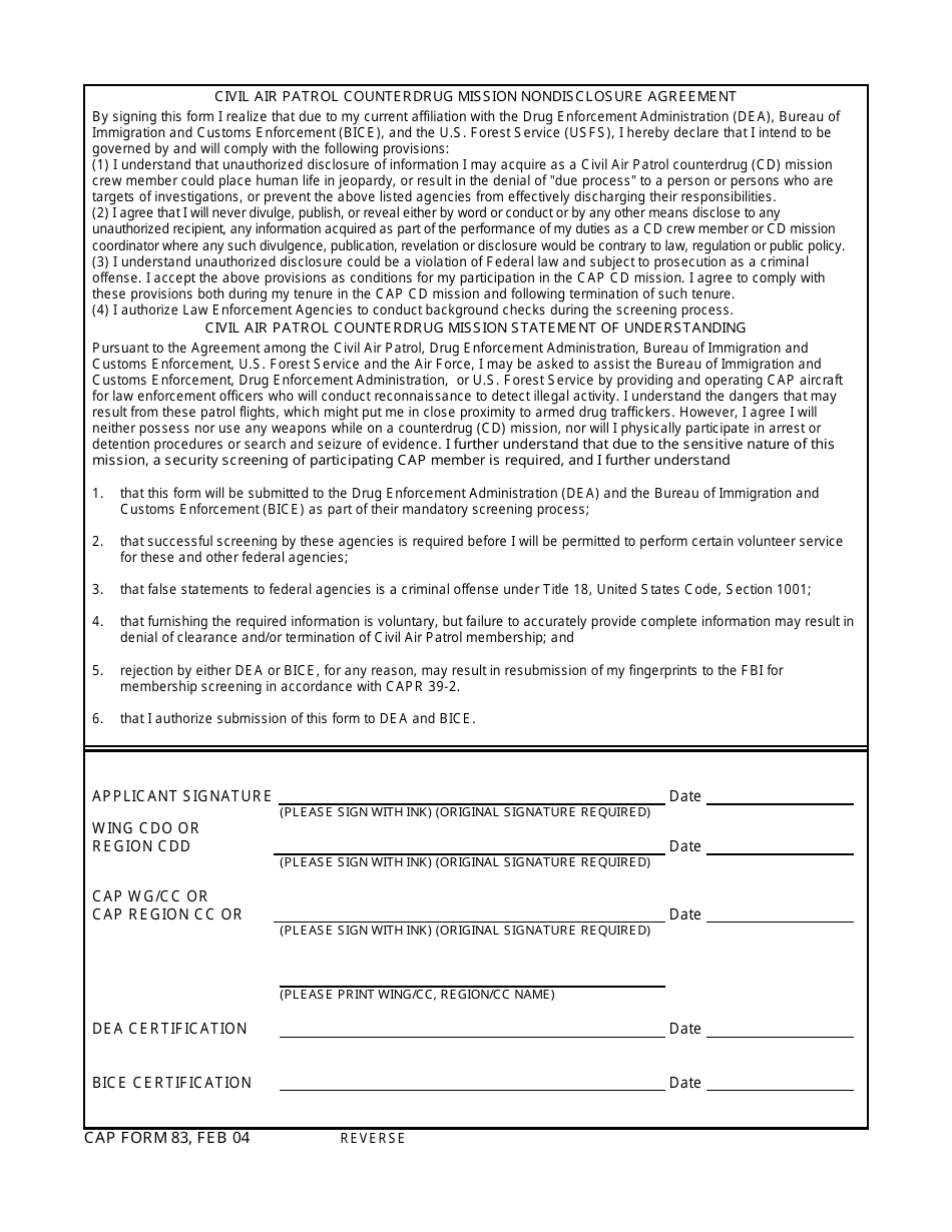 CAP Form 83 Civil Air Patrol Counterdrug Application, Page 2