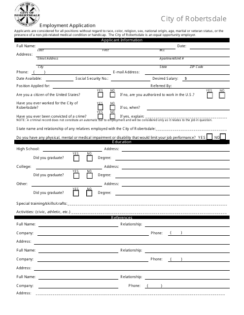 Employment Application Form - City of Robertsdale, Alabama Download Pdf