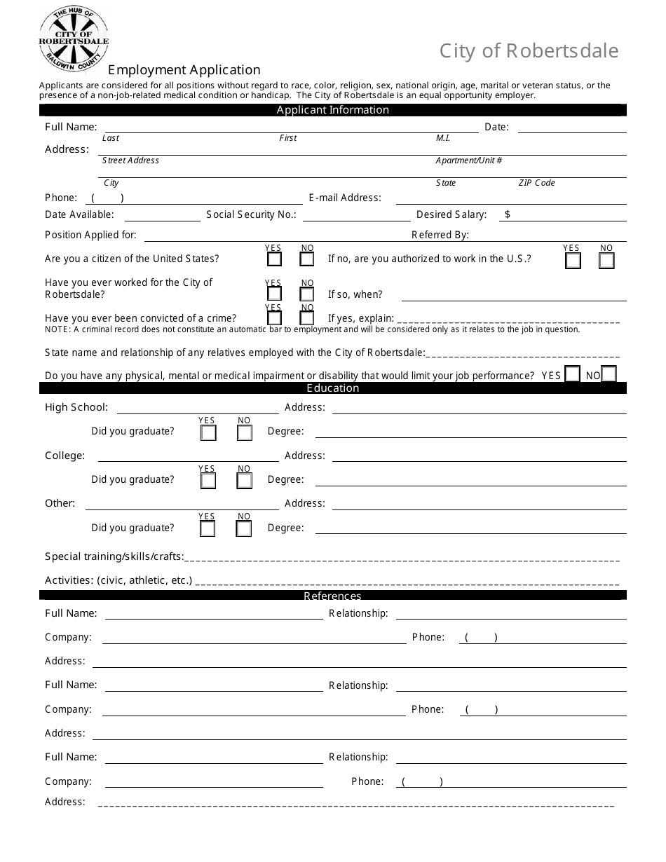 Employment Application Form - City of Robertsdale, Alabama, Page 1
