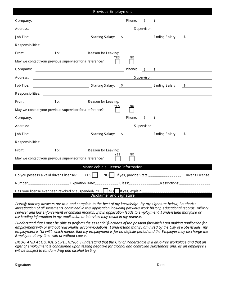 City of Robertsdale, Alabama Employment Application Form - Fill Out ...