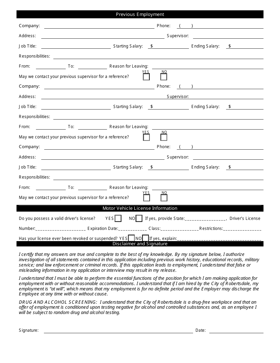 City Of Robertsdale Alabama Employment Application Form Fill Out Sign Online And Download 5234