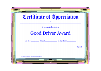 Document preview: Good Driver Award Certificate of Appreciation Template