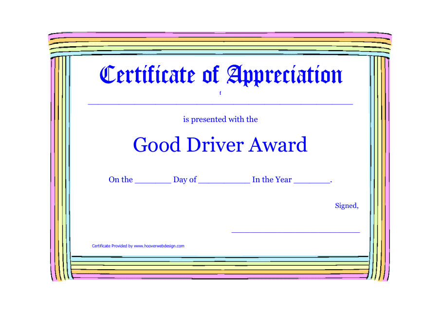 &quot;Good Driver Award Certificate of Appreciation Template&quot; Download Pdf