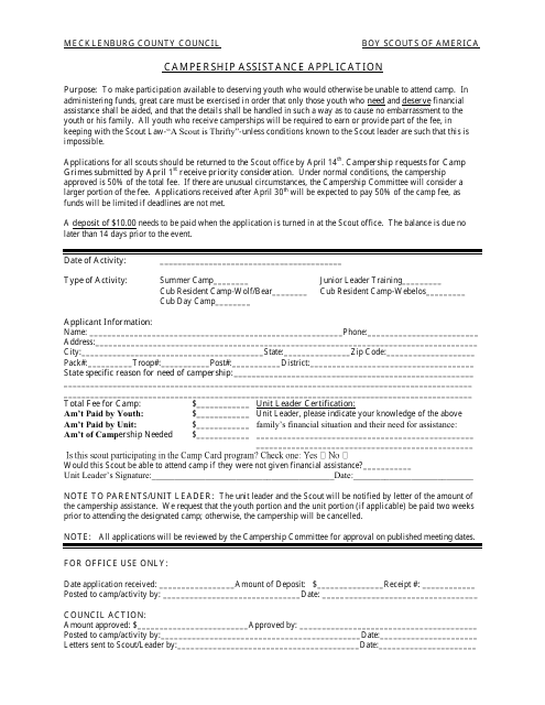 &quot;Campership Assistance Application Form - Boy Scouts of America&quot; - Mecklenburg County, North Carolina Download Pdf