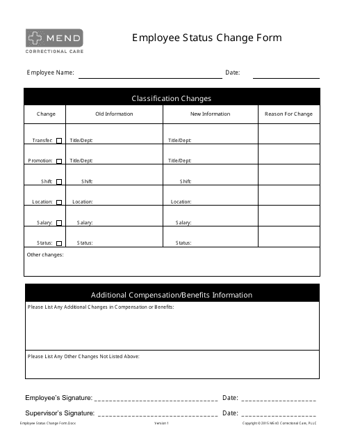 Employee Status Change Form - Mend Correctional Care Download Pdf