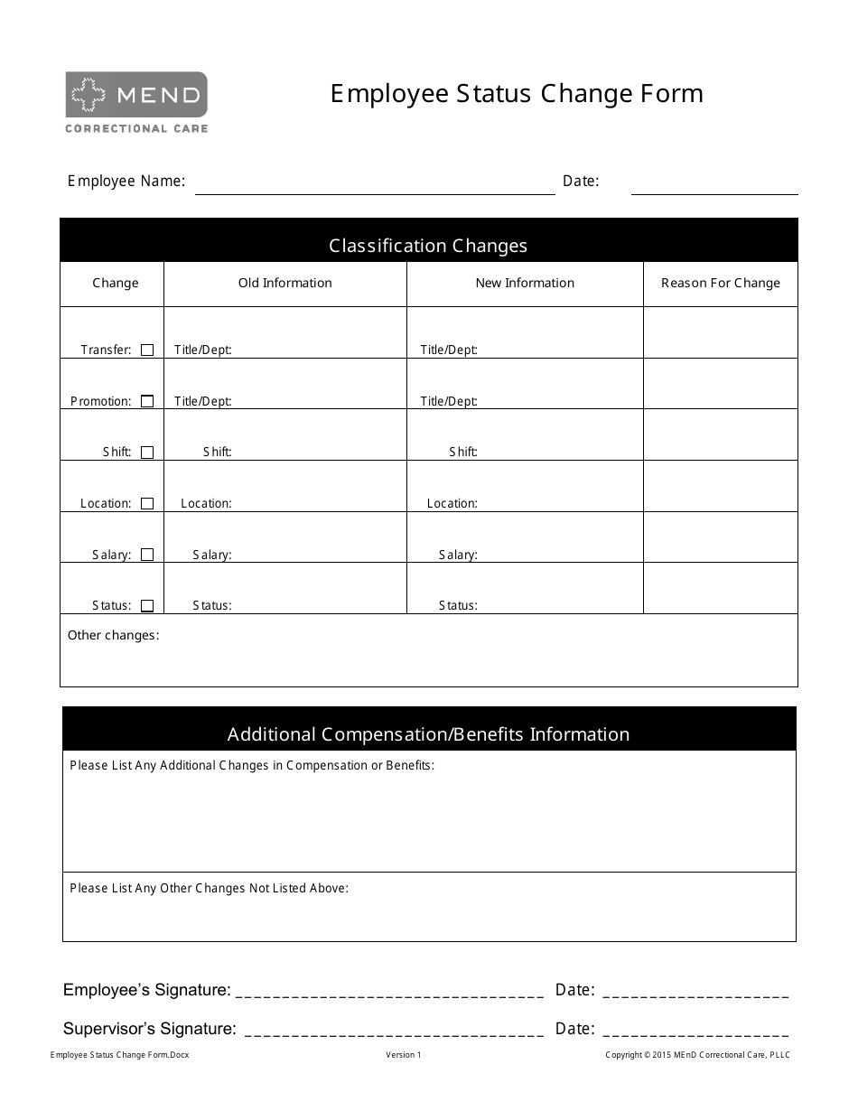 Employee Status Change Form - Mend Correctional Care, Page 1