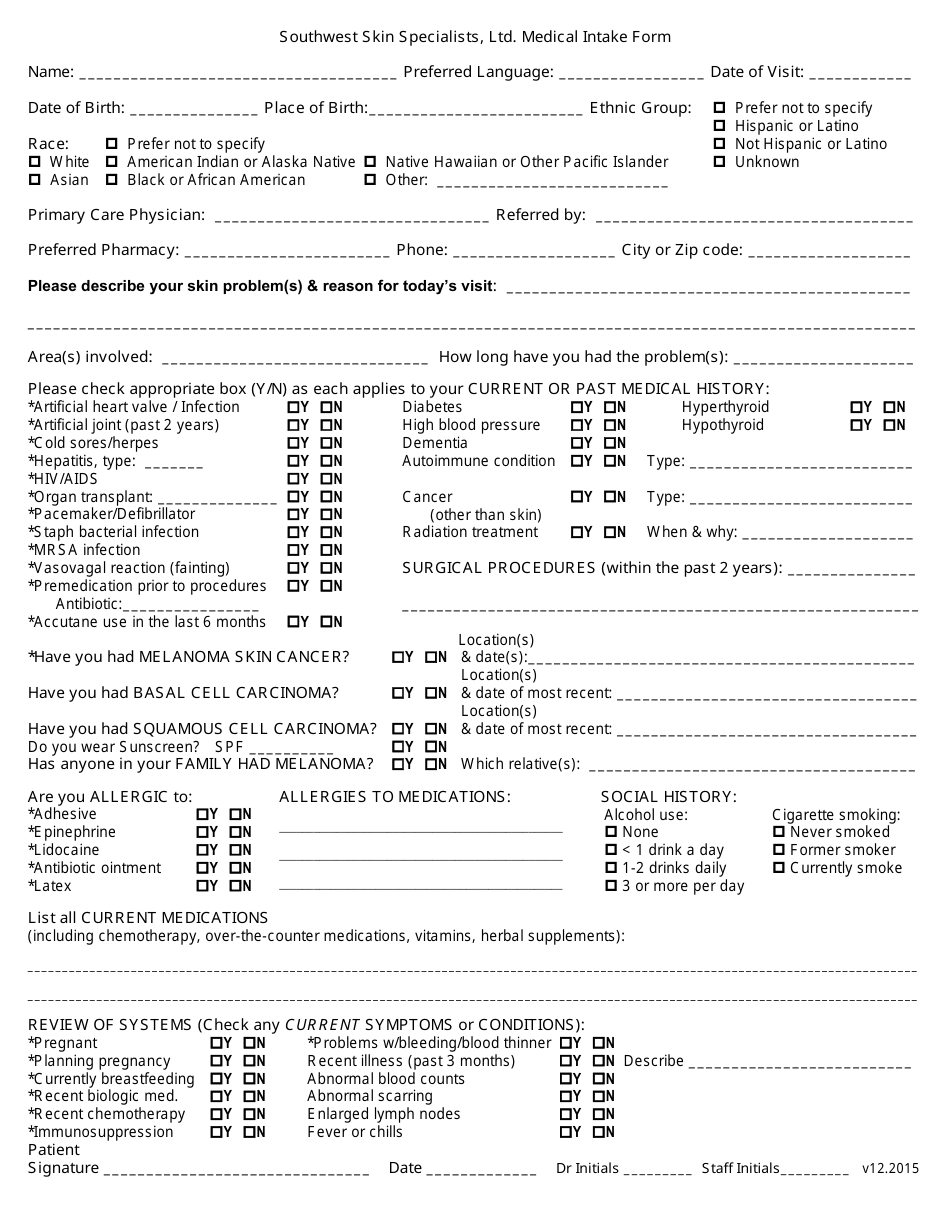 Medical Intake Form - Southwest Skin Specialists, Page 1