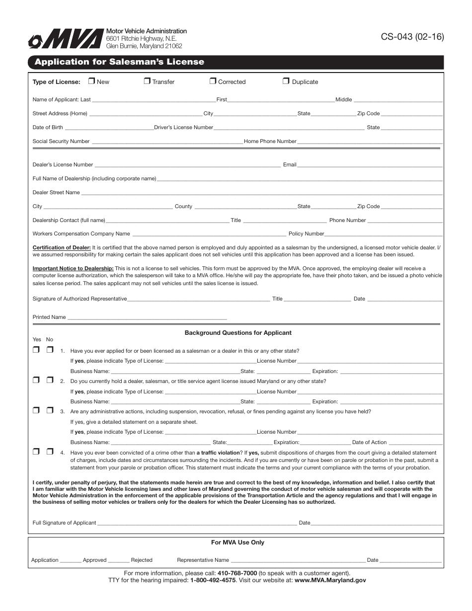 Form CS-043 Application for Salesmans License - Maryland, Page 2