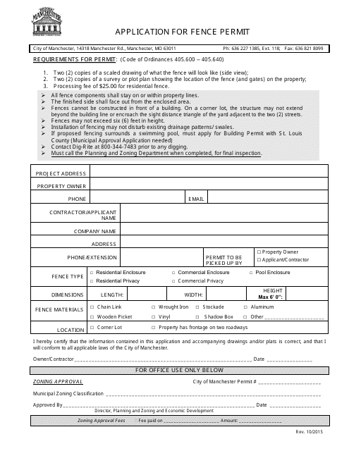 Application Form for Fence Permit - City of Manchester, Missouri Download Pdf