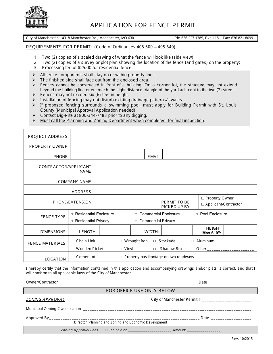 Application Form for Fence Permit - City of Manchester, Missouri, Page 1