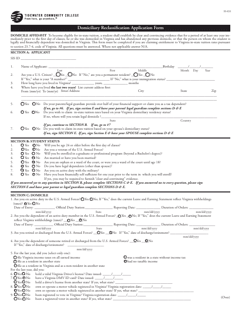 &quot;Domiciliary Reclassification Application Form - Tidewater Community College&quot; - Virginia Download Pdf