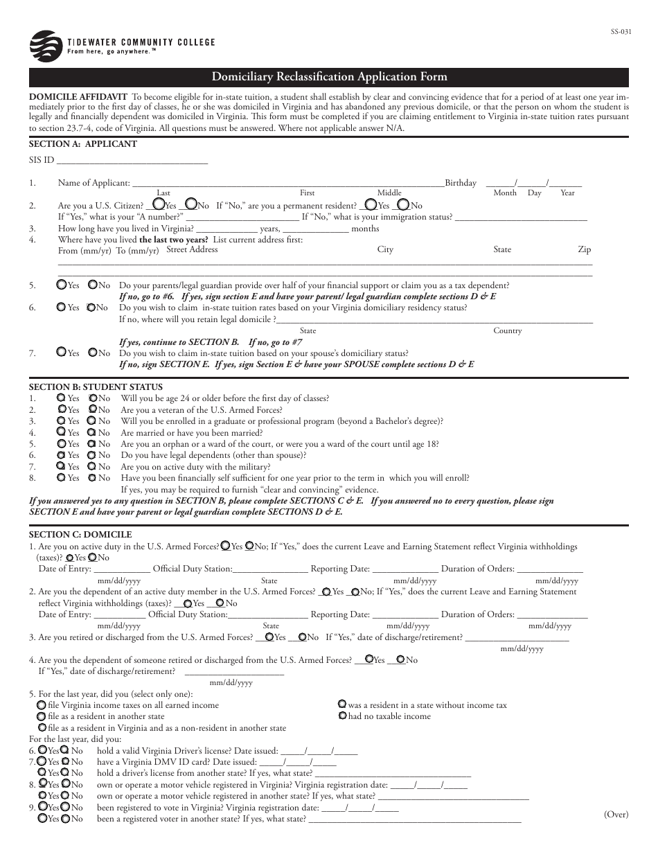 Domiciliary Reclassification Application Form - Tidewater Community College - Virginia, Page 1