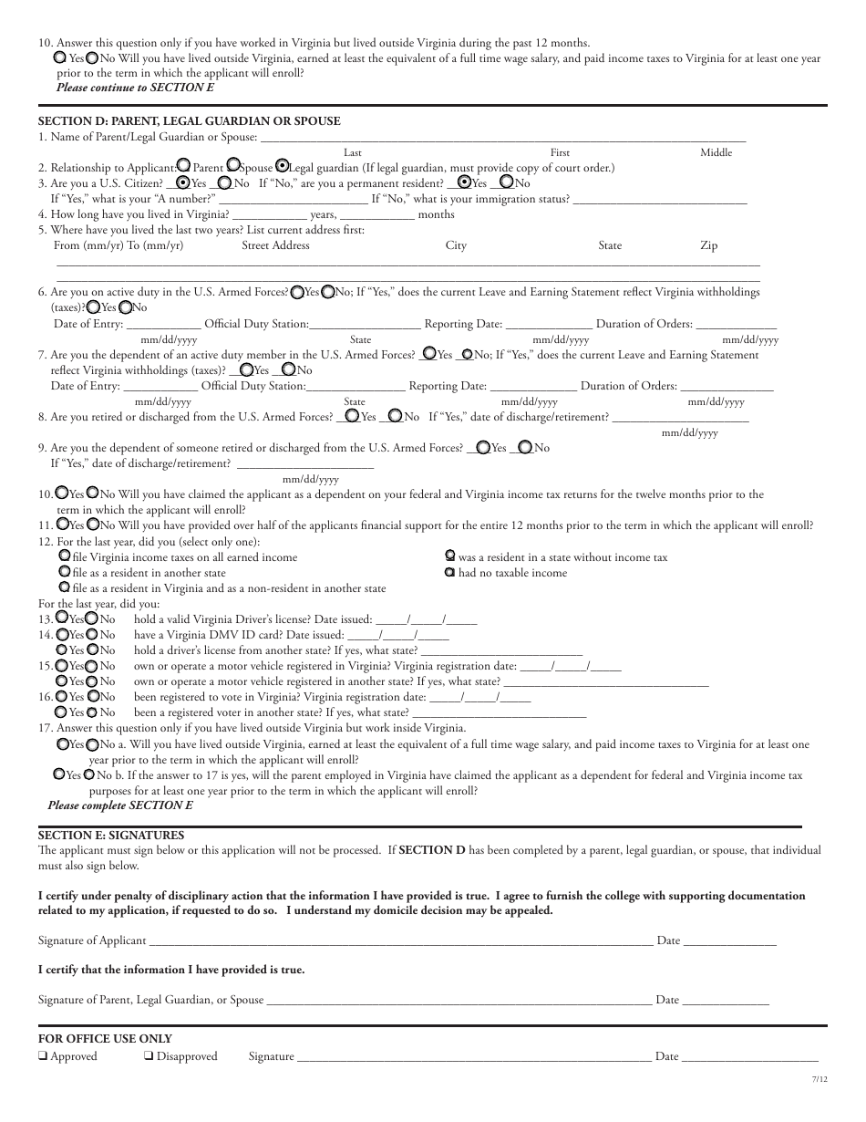 Domiciliary Reclassification Application Form - Tidewater Community College - Virginia, Page 2