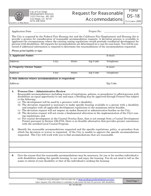 Form DS-18 Request for Reasonable Accommodations - City of San Diego, California