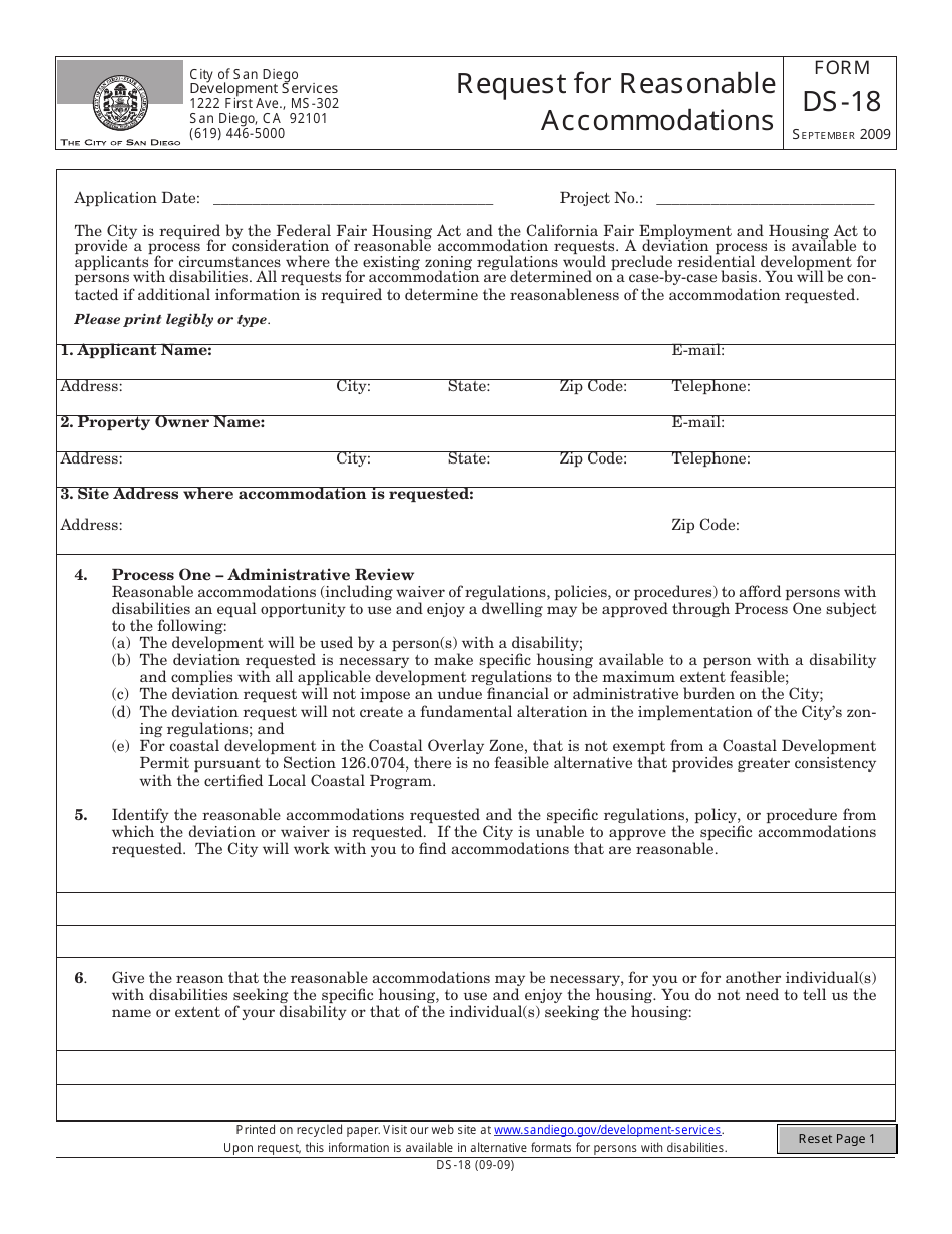 Form DS-18 Request for Reasonable Accommodations - City of San Diego, California, Page 1