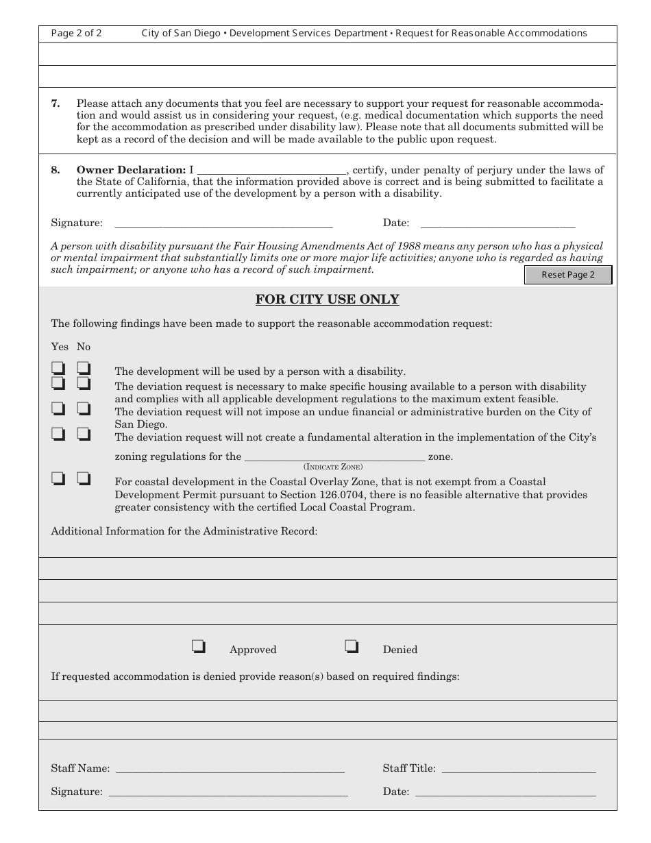 Form DS-18 Request for Reasonable Accommodations - City of San Diego, California, Page 2